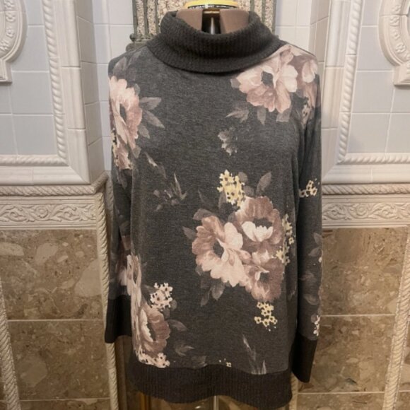 Unbranded. Sz 2X-3X. No Tags. Very Soft Gray Floral Pullover Cowl Sweater B119 - Picture 1 of 4